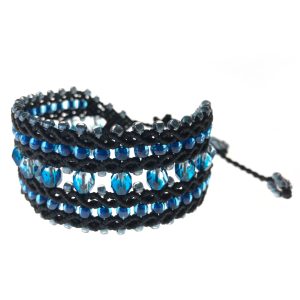 Crystal Princess Blue – szeroka czarna bransoletka z kryształkami i koralikami w odcieniach błękitu