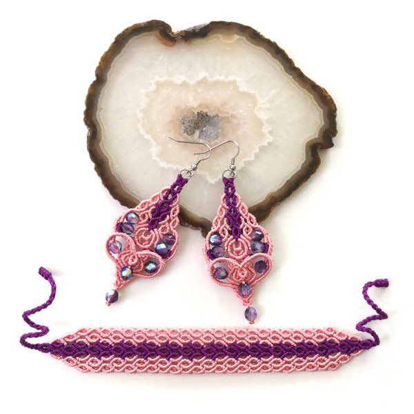 Gliceria – zestaw jagodowo-morelowy – ręcznie wyplecione kolczyki i bransoletka